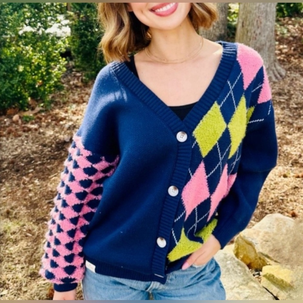 NWT Simply Southern Groovy Cardigan Diamond Argyle Button Sweater Women XXL
